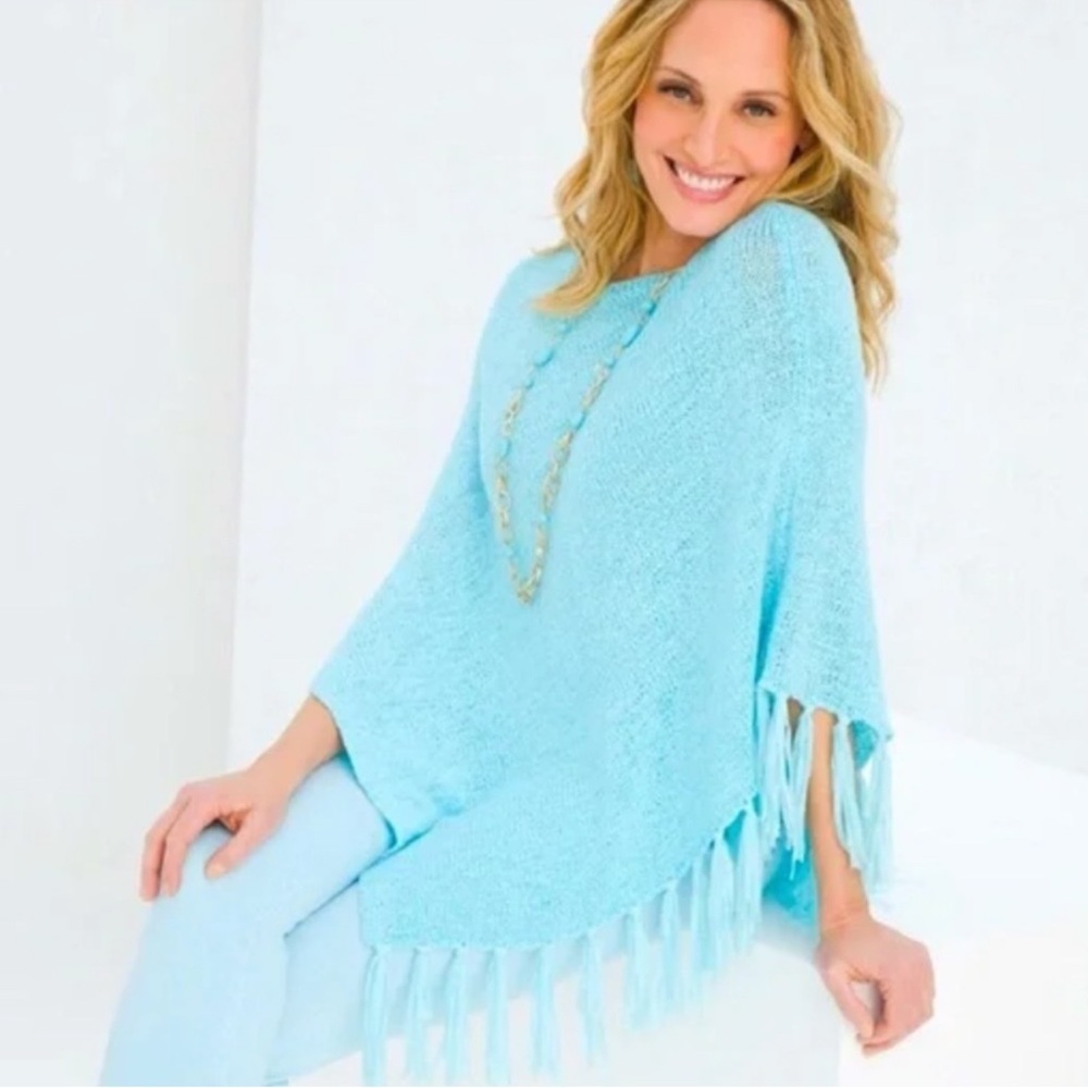 Chico's Sweater Womens Small* Aqua Blue Poncho Knit Yarn Fringe Relaxed Boho NEW
